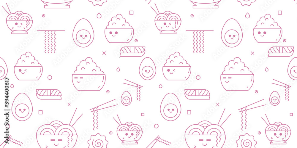 Pink iconic seamless pattern with typical Japanese cuisine. Ramen, sushi salmon. Pastel beige background. Kawai, line art. Rice bowl. Noodle soup. Pink iconic seamless pattern with typical Japanese cuisine. Ramen, sushi salmon. Pastel beige background. Kawai, line art. Rice bowl. Noodle soup.