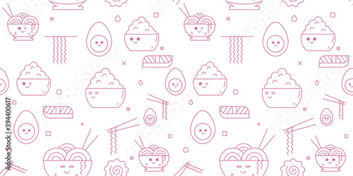 Pink iconic seamless pattern with typical Japanese cuisine. Ramen, sushi salmon. Pastel beige background. Kawai, line art. Rice bowl. Noodle soup.