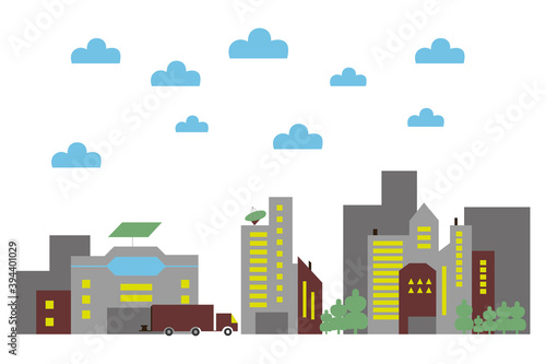 City city street panoramic city landscape seamless background in flat style. Vector illustration on a white isolated background.