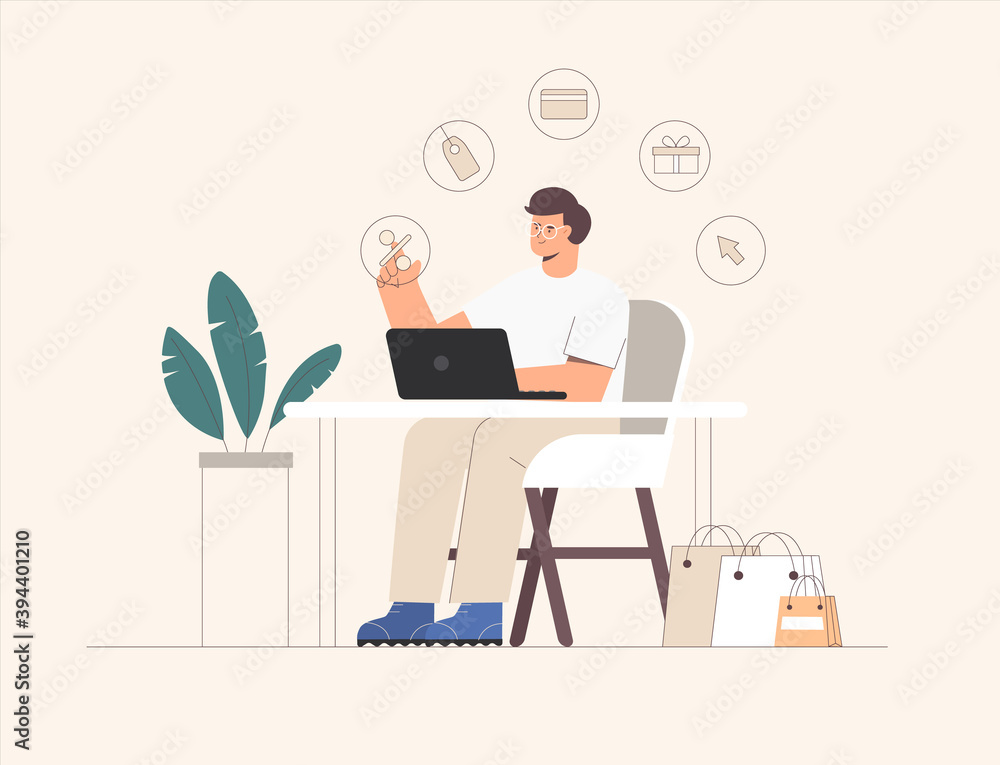 Young man sitting at table with a laptop and shopping online, around icon: discount, sale, card for payment, next to shopping bags. Flat vector cartoon illustration. Young man sitting at table with a laptop and shopping online, around icon: discount, sale, card for payment, next to shopping bags. Flat vector cartoon illustration.
