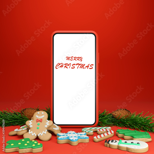 3d render christmas text on smartphone for christmas celebration concept.