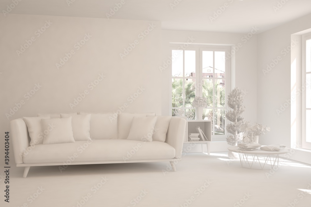 Fototapeta premium White minimalist living room with sofa. Scandinavian interior design. 3D illustration
