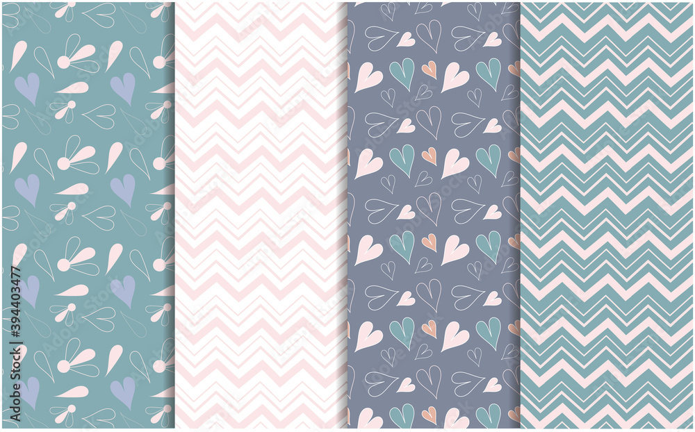 cute seamless pattern with hearts, flowers, lines in simple style 