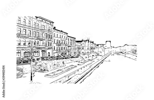 Building view with landmark of Bydgoszcz is a city in northern Poland. Hand drawn sketch illustration in vector.