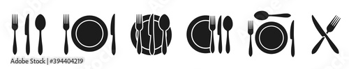 Set plate, fork and knife icons in different variations - stock vector