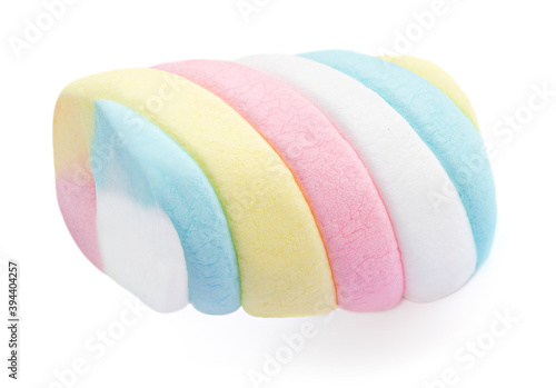 One Marshmallow candy isolated on white background. Close-up of colorful Marshmallow closeup