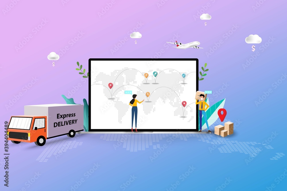 Fototapeta premium Concept of on time delivery, business man and woman are discussing to track the shipment that shown on the screen of laptop to deliver the goods to customers by truck and airplane.