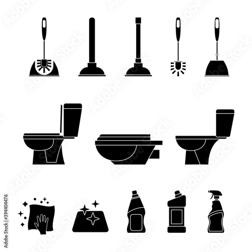 Toilet icon. Restroom. Toilet brush and plunger. Plumbing service. Household chemical bottles. Sanitizing surfaces. Cleaning napkin. Sanitation and hygiene sign. Equipment in cleaning bathroom