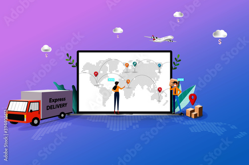 Concept of on time delivery, business man and woman are discussing to track the shipment that shown on the screen of laptop to deliver the goods to customers by truck and airplane.