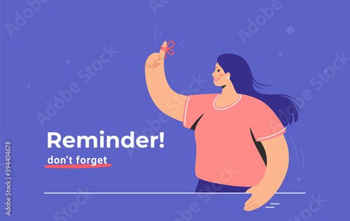Reminder, do not forget an important task. Young woman standing and showing his hand and red tape on the finger. Flat modern concept vector illustration of pointing finger to remind and notify tasks