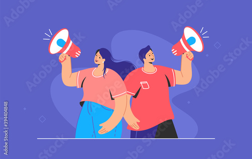 Social media and internet marketing loudspeaker banner. Flat line vector illustration of cute couple standing and shouting with red megaphone. Marketing announcement promo alert on purple background