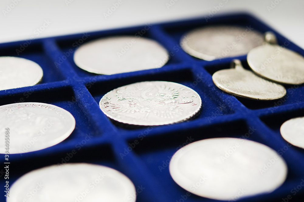 Numismatic research coins set on tray Numismatic research coins set on tray