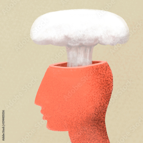 head explosion, imagination. A profile of a person with an explosion of thoughts, emotions, ideas, work, congestion, stress.