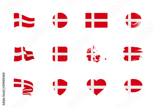 Denmark flag - flat collection. Flags of different shaped twelve flat icons.