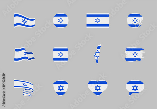 Israel flag - flat collection. Flags of different shaped twelve flat icons.