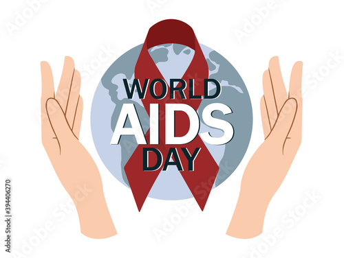 World AIDS day. Hands hold our planet with red ribbon. Disease prevention template for awareness campaign. HIV, AIDS. Vector illustration in flat style.