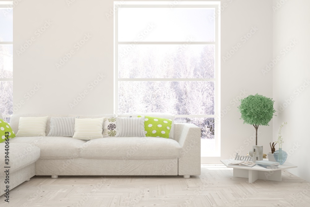White living room with sofa and winter landscape in window. Scandinavian interior design. 3D illustration White living room with sofa and winter landscape in window. Scandinavian interior design. 3D illustration