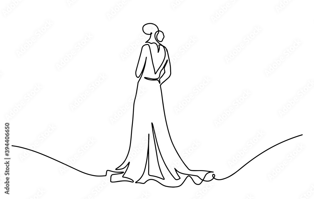 Bride drawing in one continuous line. One line of a bride wearing a wedding dress. Marriage Concept . Beautiful woman in dress. Vector illustrator Bride drawing in one continuous line. One line of a bride wearing a wedding dress. Marriage Concept . Beautiful woman in dress. Vector illustrator