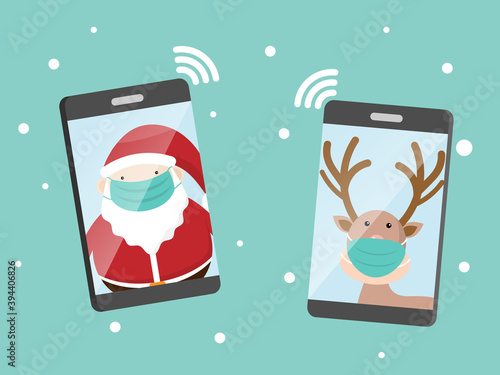 santa claus and reindeer with surgical mask calling on smartphone