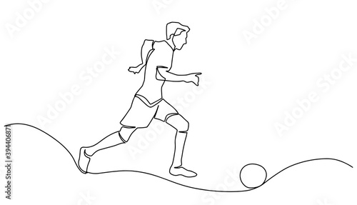 Continuous line or one line drawing of soccer player kicking the ball. One continuous line drawing of young energetic football player dribbling the ball to the opponent area. Soccer match sports