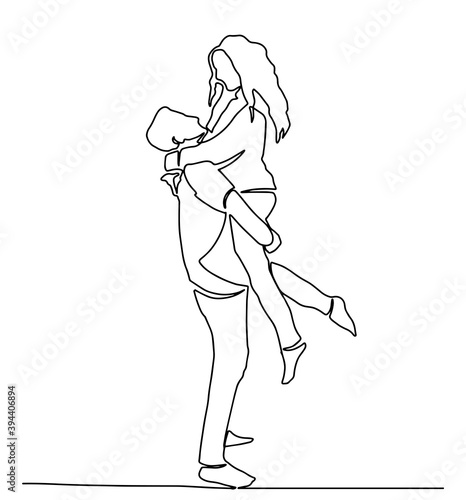 Continuous line drawing of couple standing hugging. One line art. Continuous line drawing of embrace. Template for your design works. Vector illustration. continuous line drawing of couple standing