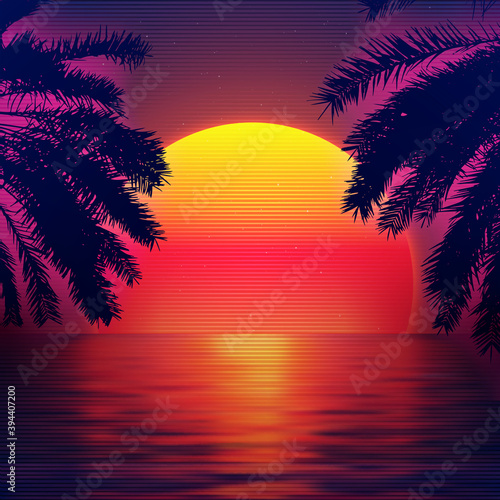3d sunset on the beach. Retro palms vector sci fi background with ocean. Sun reflection in water. Futuristic landscape 1980s style. Digital landscape cyber surface. 80s party background. © RDVector