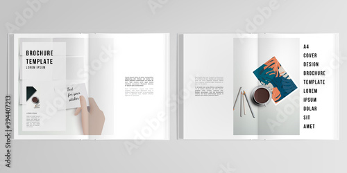3d realistic vector layout of cover mockup design templates for A4 bifold brochure, cover design, book design, magazine, brochure cover. Home office concept, study or freelance, working from home.