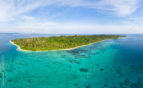 Aerial: exotic tropical island white sand beach away from it all, coral reef caribbean sea turquoise water. Indonesia Sumatra Banyak islands © fabio lamanna