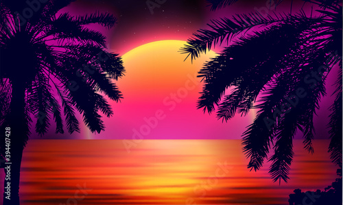3d sunset on the beach. Retro palms vector sci fi background with ocean. Sun reflection in water. Futuristic landscape 1980s style. Digital landscape cyber surface. 80s party background.