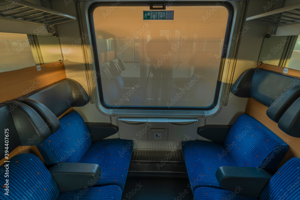 Fototapeta premium Blue seat compartment in fast expres train in Czech republic