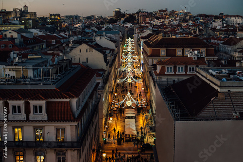 High angle view from above to Rua Augusta street in Lisbon at night illuminated during Christmas time