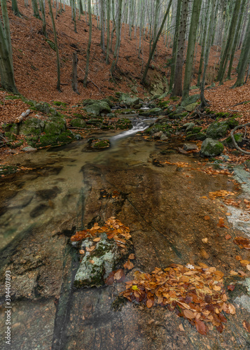 Maly Bily Stolpich waterfall in autumn fresh morning in Jizerske mountains