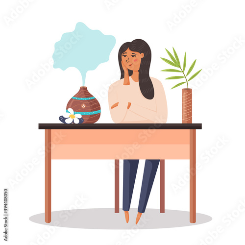 An ultrasonic humidifier is on a table with a houseplant. Woman breathes fresh air at home. Eco home appliances for a healthy lifestyle. Modern vector flat hand drawn illustration