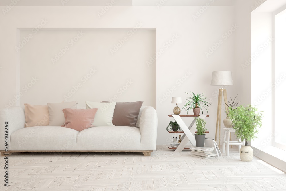 Fototapeta premium White living room with sofa. Scandinavian interior design. 3D illustration
