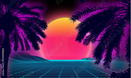 3d sunset on the beach. Retro palms vector sci fi background. Digital landscape cyber surface. 80s party background.