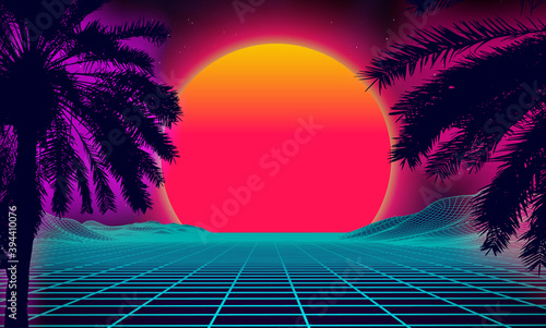 3d sunset on the beach. Retro palms vector sci fi background. Digital landscape cyber surface. 80s party background.