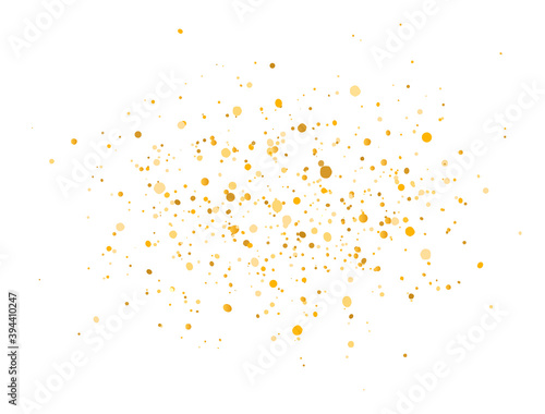 Golden glitter splash on white background. Gold sparkling confetti. Luxury holiday border. Celebration decoration border. Bright sparkles and dust. Vector illustration
