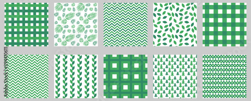 Green gingham seamless patterns set. Square geometric and floral  backgrounds for tablecloths, napkins and other textile products. 10 vector digital paper swatches