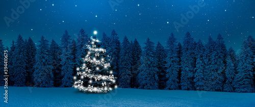Beleuchteter Christbaum in einem Winterwald bei Nacht
