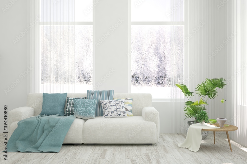 White living room with sofa and winter landscape in window. Scandinavian interior design. 3D illustration White living room with sofa and winter landscape in window. Scandinavian interior design. 3D illustration