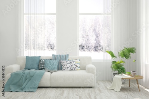 Wallpaper Mural White living room with sofa and winter landscape in window. Scandinavian interior design. 3D illustration Torontodigital.ca