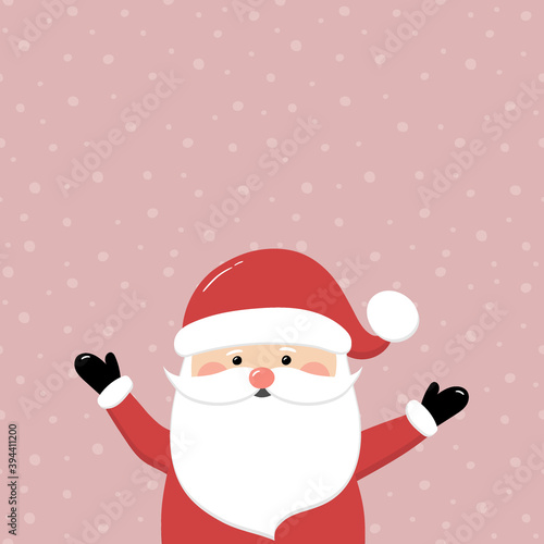 Happy Santa Claus on background with snowflakes and copyspace. Christmas decoration. Vector