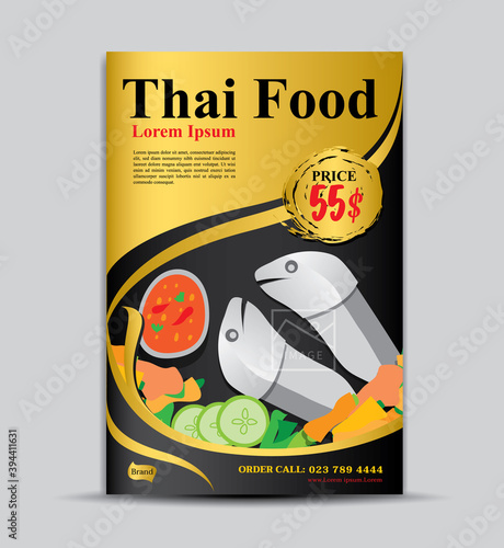 Thai food flyer template, poster design, menu, label, banner, tag, cover, magazine ads, gold background, vector illustration