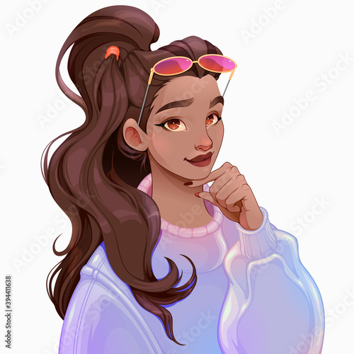 Beautiful girl with ponytail and sunglasses. Vector illustration.
