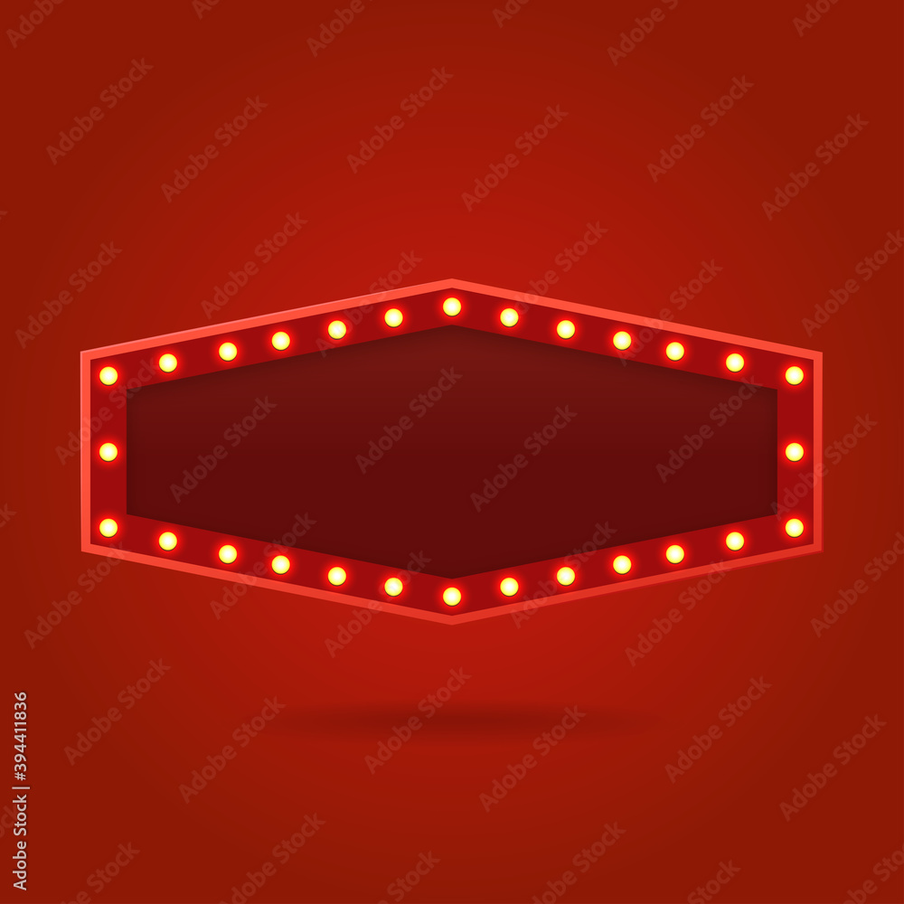 Retro light bulb or light vintage signboard on red background. Vector illustration