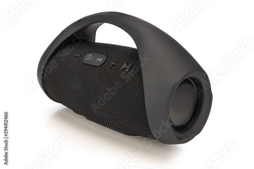Portable Wireless Speaker Isolated. Black Boom Box. Side view