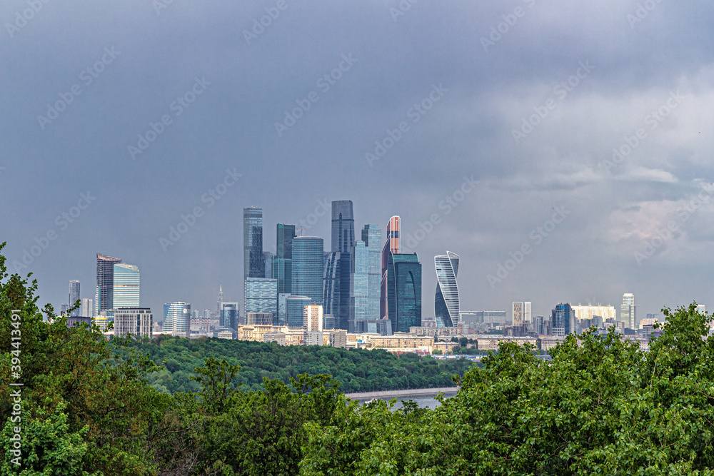 View of the skyscrapers of Moscow city from the observation deck Vorobyovy Gory