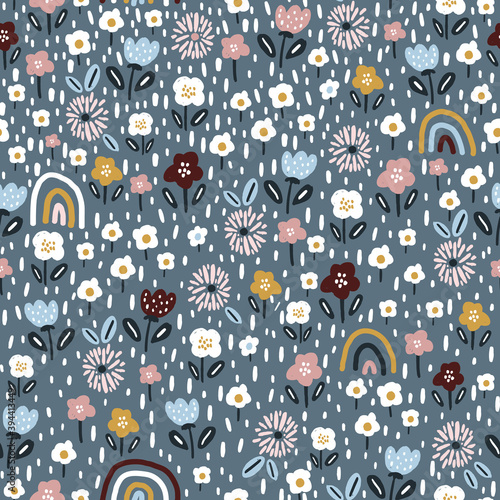 Seamless pattern with floral rainbows and hand drawn flowers. Creative floristic texture. Great for fabric, textile Vector Illustration