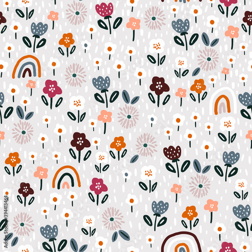 Seamless pattern with floral rainbows and hand drawn flowers. Creative floristic texture. Great for fabric, textile Vector Illustration