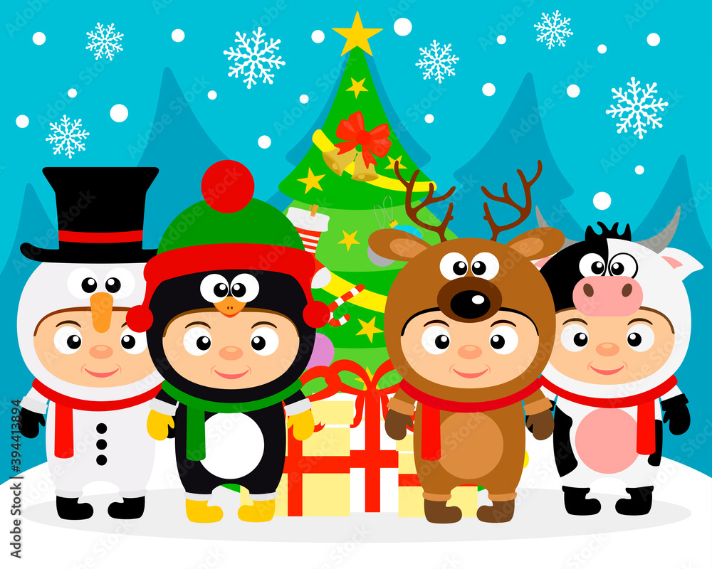 New Year poster, banner with Christmas tree and kids in New Year costume. Vector illustration